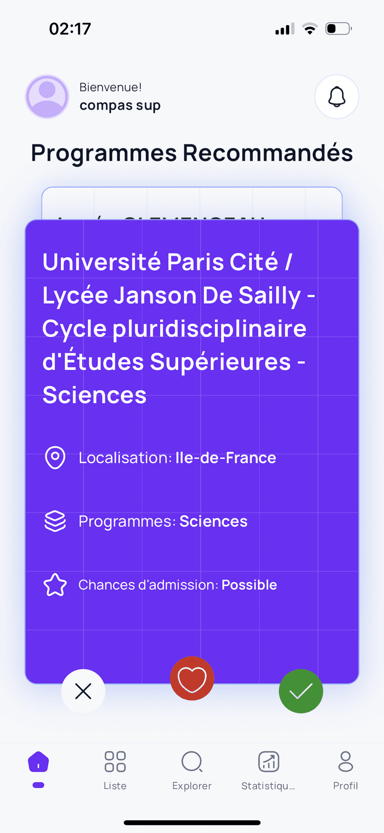 Interface de l'application mobile Compas'sup